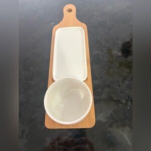White Ceramic Serving Set with wooden  Tray